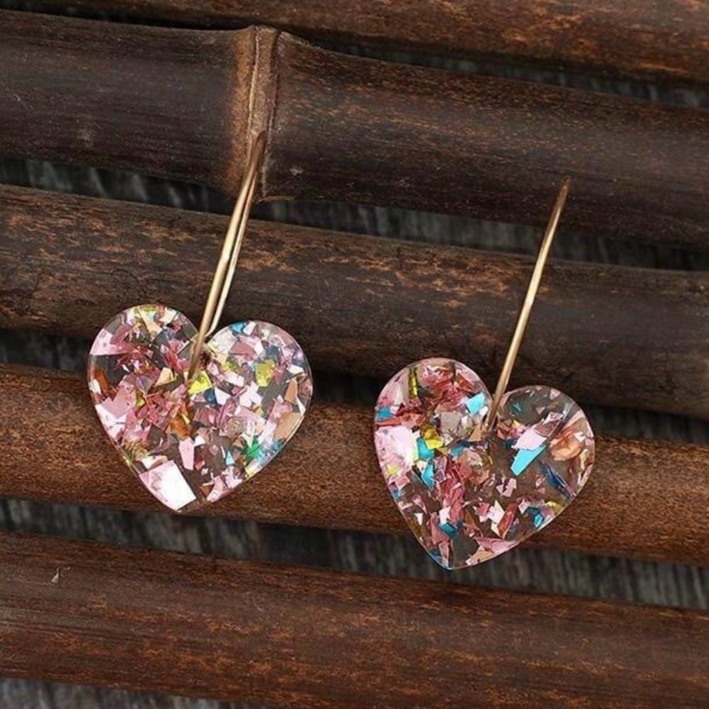 Colorful Glitter and Clear Heart Drop Earrings - Picture 2 of 5